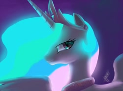 Size: 1120x829 | Tagged: dead source, safe, artist:raikoh, princess celestia, alicorn, pony, bust, female, glow, glowing mane, mare, photoshop, portrait, profile, solo