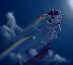 Size: 1480x1315 | Tagged: safe, artist:raikoh, rainbow dash, twilight sparkle, pegasus, pony, unicorn, bridal carry, carrying, cloud, cloudy, female, flying, lesbian, mare, moon, night, open mouth, paint tool sai, shipping, sky, twidash