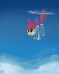 Size: 1120x1400 | Tagged: dead source, safe, artist:raikoh, apple bloom, earth pony, pony, applecopter, female, filly, flying, loop-de-hoop, photoshop, sky, solo, tailcopter