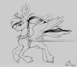 Size: 1200x1050 | Tagged: safe, artist:amarynceus, oc, oc only, oc:acela, pegasus, pony, animal costume, antlers, costume, female, mare, monochrome, ponytail, reindeer costume, simple background, sketch, smiling, solo, unshorn fetlocks