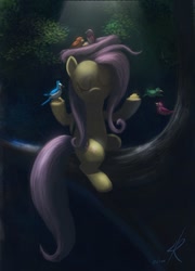 Size: 850x1182 | Tagged: dead source, safe, artist:raikoh, fluttershy, bird, pegasus, pony, bird nest, eyes closed, female, happy, mare, photoshop, sitting, solo, tree, tree branch