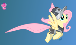 Size: 4542x2671 | Tagged: dead source, safe, artist:raikoh, fluttershy, private pansy, pegasus, pony, adobe imageready, armor, female, flying, gradient background, mare, solo