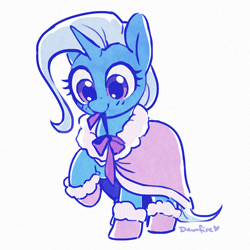 Size: 900x900 | Tagged: safe, artist:dawnfire, trixie, pony, unicorn, boots, cape, clothes, cute, daaaaaaaaaaaw, diatrixes, female, mare, mouth hold, shoes, solo, winter outfit