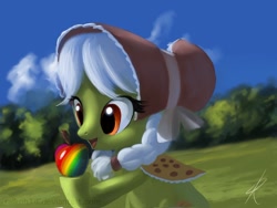 Size: 1024x768 | Tagged: dead source, safe, artist:raikoh, granny smith, earth pony, pony, apple, female, filly, photoshop, solo, young granny smith, younger, zap apple