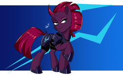 Size: 1440x890 | Tagged: safe, artist:shelltoon, tempest shadow, pony, unicorn, armor, broken horn, eye scar, female, horn, lidded eyes, mare, no pupils, raised hoof, scar, signature, solo