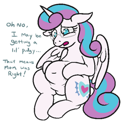 Size: 486x480 | Tagged: safe, artist:jargon scott, princess flurry heart, alicorn, pony, adorable distress, belly button, chubby, cute, distressed, fat, female, flurrybetes, glasses, implied princess cadance, mare, nerd, nerdy heart, older, older flurry heart, possible pregnancy, princess flabby heart, simple background, solo, white background