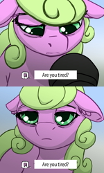 Size: 1417x2362 | Tagged: safe, artist:compoundlift, derpibooru import, daisy, flower wishes, earth pony, pony, dialogue, drawthread, ear fluff, ears, female, floppy ears, interview, looking at you, mare, microphone, mood, ponified, ponified meme, question, solo, tired