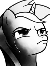 Size: 515x675 | Tagged: source needed, safe, artist:lightbulb, lyra heartstrings, pony, unicorn, crying, female, grayscale, manly tears, mare, monochrome, reaction image, simple background, solo