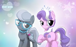 Size: 1680x1050 | Tagged: safe, artist:mysticalpha, diamond tiara, silver spoon, earth pony, pony, accessory, braid, butt, dock, duo, duo female, female, filly, foal, glasses, jewelry, looking at you, necklace, pearl necklace, plot, tiara, wallpaper