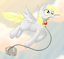 Size: 820x750 | Tagged: safe, artist:textris92, derpy hooves, pegasus, pony, collar, female, flying, leash, mare, mouth hold, pet, pet tag, rock, solo, stick