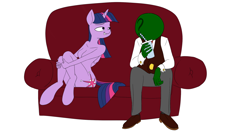 Size: 1280x693 | Tagged: safe, artist:anontheanon, twilight sparkle, oc, oc:anon, anthro, drinking