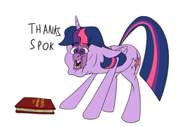 Size: 1280x928 | Tagged: safe, artist:anontheanon, twilight sparkle, twilight sparkle (alicorn), alicorn, pony, book, cartoon physics, female, implied spike, mare, parody, simple background, solo, white background