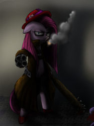 Size: 800x1067 | Tagged: dead source, safe, artist:bluehaakon, artist:discommunicator, pinkie pie, earth pony, pony, semi-anthro, cigarette, clothes, club, coat, female, floppy ears, frown, gun, looking at you, mare, photoshop, pinkamena diane pie, smoking, solo, standing, weapon