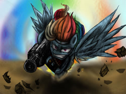 Size: 800x600 | Tagged: dead source, safe, artist:bluehaakon, artist:discommunicator, rainbow dash, pegasus, pony, angry, coming at you, crossover, female, flying, gun, heavy, mare, minigun, photoshop, rage, solo, team fortress 2, weapon