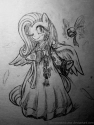 Size: 600x800 | Tagged: dead source, safe, artist:discommunicator, fluttershy, parasprite, pegasus, pony, bipedal, clothes, dress, female, grayscale, hanbok, mare, monochrome, paint tool sai, traditional art, wink