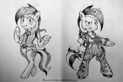 Size: 1200x800 | Tagged: dead source, safe, artist:discommunicator, lyra heartstrings, pony, unicorn, bipedal, clothes, costume, cutie mark tattoo, dress shirt, female, grayscale, jacket, jewelry, mare, monochrome, necklace, necktie, paint tool sai, pants, solo, stylin', tail wrap, tattoo, traditional art, vest