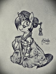 Size: 600x800 | Tagged: dead source, safe, artist:discommunicator, twilight sparkle, pony, unicorn, book, clothes, dress, female, glasses, grayscale, hanbok, korean, mare, monochrome, paint tool sai, sitting, solo, traditional art