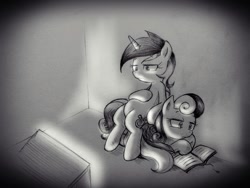 Size: 900x675 | Tagged: dead source, safe, artist:discommunicator, bon bon, lyra heartstrings, sweetie drops, earth pony, pony, unicorn, book, duo, female, glow, grayscale, mare, monochrome, reading, sitting, sitting lyra, sitting on pony, television