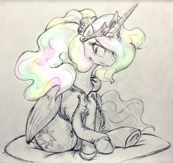 Size: 896x842 | Tagged: dead source, safe, artist:discommunicator, princess celestia, alicorn, pony, alternate hairstyle, black and white, clothes, female, grayscale, hoodie, mare, monochrome, neo noir, paint tool sai, partial color, sitting, solo, sweater, traditional art