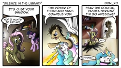 Size: 1024x575 | Tagged: dead source, safe, artist:bluehaakon, artist:don-ko, doctor whooves, fluttershy, princess celestia, twilight sparkle, unicorn twilight, alicorn, earth pony, pegasus, pony, unicorn, comic:silence in the library, dragonshy, asphyxiation, behaving like a weapon, blushing, comic, crossover, doctor who, erotic asphyxiation, female, golden oaks library, horn, horngasm, library, male, mare, orgasm, photoshop elements, scene parody, shadow, stallion, tongue out, vashta nerada, yay