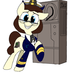 Size: 366x373 | Tagged: safe, artist:anontheanon, oc, oc:grace hop, pony, clothes, computer, computer technician, glasses, solo, standing, tape computer, technician, uniform