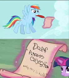 Size: 621x700 | Tagged: dead source, safe, artist:bluehaakon, edit, edited screencap, screencap, rainbow dash, twilight sparkle, pegasus, pony, unicorn, the mysterious mare do well, comic, female, flying, letter, magic, mare, mouth hold, photoshop, quill, scroll, writing