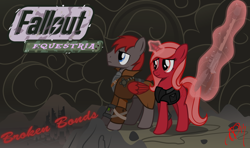 Size: 1600x949 | Tagged: safe, artist:brisineo, oc, oc:cherry sundae, oc:crimson wings, pegasus, pony, unicorn, fallout equestria, fallout equestria: broken bonds, clothes, cloud, fanfic, fanfic art, fanfic cover, female, glowing horn, gun, hooves, horn, levitation, magic, male, mare, optical sight, pipbuck, rifle, ruins, smiling, sniper rifle, solo, stallion, telekinesis, text, wasteland, weapon, wings