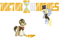 Size: 9391x6000 | Tagged: safe, artist:the smiling pony, derpy hooves, doctor whooves, earth pony, pegasus, pony, absurd resolution, crossover, doctor who, doctorderpy, eye contact, female, goggles, hat, inkscape, looking at each other, male, mare, mistake, mouth hold, shipping, simple background, sonic screwdriver, stallion, steampunk, straight, top hat, transparent background, vector