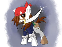 Size: 1600x1200 | Tagged: dead source, safe, artist:phon-e, pipsqueak, earth pony, pony, abstract background, adult, clothes, colt, costume, male, mouth hold, older, older pipsqueak, pirate, solo, sword, weapon