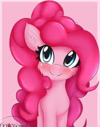 Size: 1198x1521 | Tagged: safe, artist:freefraq, pinkie pie, earth pony, pony, blushing, cheek fluff, cute, diapinkes, ear fluff, pink background, simple background, smiling, solo