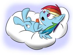 Size: 1600x1200 | Tagged: dead source, safe, artist:phon-e, rainbow dash, pegasus, pony, cloud, cutie mark, female, hooves, juice box, lying down, lying on a cloud, mare, on a cloud, on back, open mouth, simple background, solo, transparent background, wings