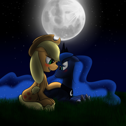 Size: 1400x1400 | Tagged: dead source, safe, artist:phon-e, applejack, princess luna, alicorn, earth pony, pony, blushing, eye contact, female, floppy ears, grass, lesbian, looking at each other, lunajack, mare, moon, night, prone, shipping