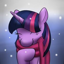 Size: 1200x1200 | Tagged: dead source, safe, artist:phon-e, twilight sparkle, pony, unicorn, blushing, clothes, eyes closed, female, happy, mare, scarf, snow, snowfall, solo