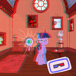 Size: 2305x2305 | Tagged: safe, artist:anontheanon, twilight sparkle, twilight sparkle (alicorn), alicorn, pony, 3d, :, :t, anaglyph 3d, animated, bust, carpet, cup, drawer, female, fourth wall, gif, high res, interior, lamp, levitation, lidded eyes, looking at you, loop, magic, mare, paddleball, picture, portrait, sculpture, solo, table, teacup, telekinesis