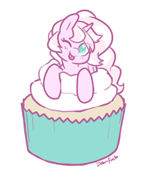 Size: 790x916 | Tagged: safe, artist:dawnfire, oc, oc only, oc:marshmallow fluff, pony, food, one eye closed, solo, wink