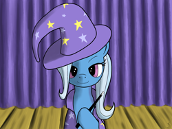 Size: 1600x1200 | Tagged: dead source, safe, artist:phon-e, trixie, pony, unicorn, female, looking at you, mare, smiling, solo, stage, wand