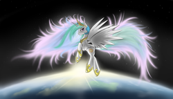 Size: 7000x4000 | Tagged: dead source, safe, artist:phon-e, princess celestia, alicorn, pony, absurd resolution, backlighting, female, mare, planet, solo, space