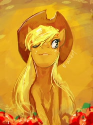 Size: 1172x1563 | Tagged: safe, artist:electrixocket, applejack, earth pony, pony, abstract background, female, mare, photoshop, smiling, solo