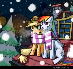 Size: 740x699 | Tagged: dead source, safe, artist:lentoto, applejack, rainbow dash, earth pony, pegasus, pony, appledash, clothes, female, lesbian, mare, night, paint tool sai, rooftop, scarf, shared clothing, shared scarf, shipping, sitting