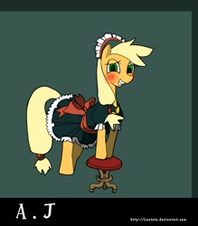 Size: 1000x1142 | Tagged: dead source, safe, artist:lentoto, applejack, earth pony, pony, blushing, clothes, female, maid, mare, paint tool sai, solo, stool