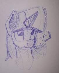 Size: 633x778 | Tagged: safe, artist:post-it, twilight sparkle, pony, ballpoint pen, bust, female, lidded eyes, looking up, mare, monochrome, simple background, sketch, smiling, solo, traditional art, white background