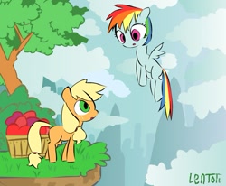 Size: 689x567 | Tagged: safe, artist:lentoto, applejack, rainbow dash, earth pony, pegasus, pony, apple, cliff, cloud, female, flying, food, mare, paint tool sai