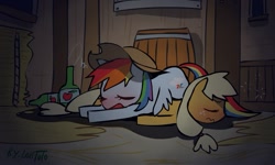 Size: 997x597 | Tagged: dead source, safe, artist:lentoto, applejack, rainbow dash, earth pony, pegasus, pony, alcohol, barrel, blushing, cider, drunk, drunk aj, drunker dash, female, mare, paint tool sai, sleeping