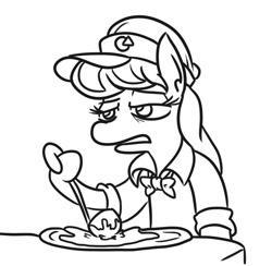 Size: 571x557 | Tagged: safe, artist:jargon scott, octavia melody, earth pony, pony, bowtie, clothes, female, food, job, ladle, lidded eyes, mare, monochrome, pizza, simple background, white background