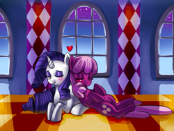 Size: 989x745 | Tagged: safe, artist:mewball, cheerilee, rarity, earth pony, pony, unicorn, blushing, crack shipping, eyes closed, female, happy, heart, lesbian, mare, on back, photoshop, prone, rarepair, rarilee, shipping