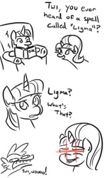Size: 357x591 | Tagged: safe, artist:jargon scott, spike, starlight glimmer, twilight sparkle, twilight sparkle (alicorn), alicorn, dragon, pony, unicorn, book, chair, comic, confused, derp, female, frown, glare, glowing eyes, grin, lens flare, ligma, lineart, lip bite, male, mare, monochrome, open mouth, raised eyebrow, reading, simple background, sitting, smiling, smirk, this will end in death, this will end in tears, this will end in tears and/or death, white background, wide eyes, ü