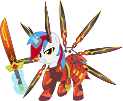 Size: 4885x4000 | Tagged: safe, artist:tentavamp, oc, oc:audina puzzle, pony, unicorn, absurd resolution, armor, clothes, commission, cosplay, costume, female, glow, glowing horn, gold, horn, levitation, looking at you, magic, mare, pointy ponies, simple background, smiling, solo, sword, telekinesis, transparent background, vector, weapon, yu-gi-oh!, yugioh card