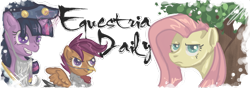 Size: 1000x350 | Tagged: safe, artist:foreversoaring, fluttershy, scootaloo, star swirl the bearded, twilight sparkle, chicken, pegasus, pony, unicorn, banner, costume, equestria daily, female, filly, mare, nightmare night, simple background, transparent background