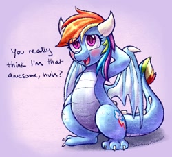 Size: 1050x963 | Tagged: safe, artist:dawnfire, artist:graphene, rainbow dash, dragon, arm behind head, commission, cute, dashabetes, dragonified, female, rainbow dragon, smiling, solo, species swap