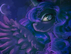 Size: 1600x1200 | Tagged: safe, artist:foreversoaring, princess luna, alicorn, pony, bust, crescent moon, female, gimp, mare, moon, paint tool sai, portrait, profile, smiling, solo, spread wings, wings